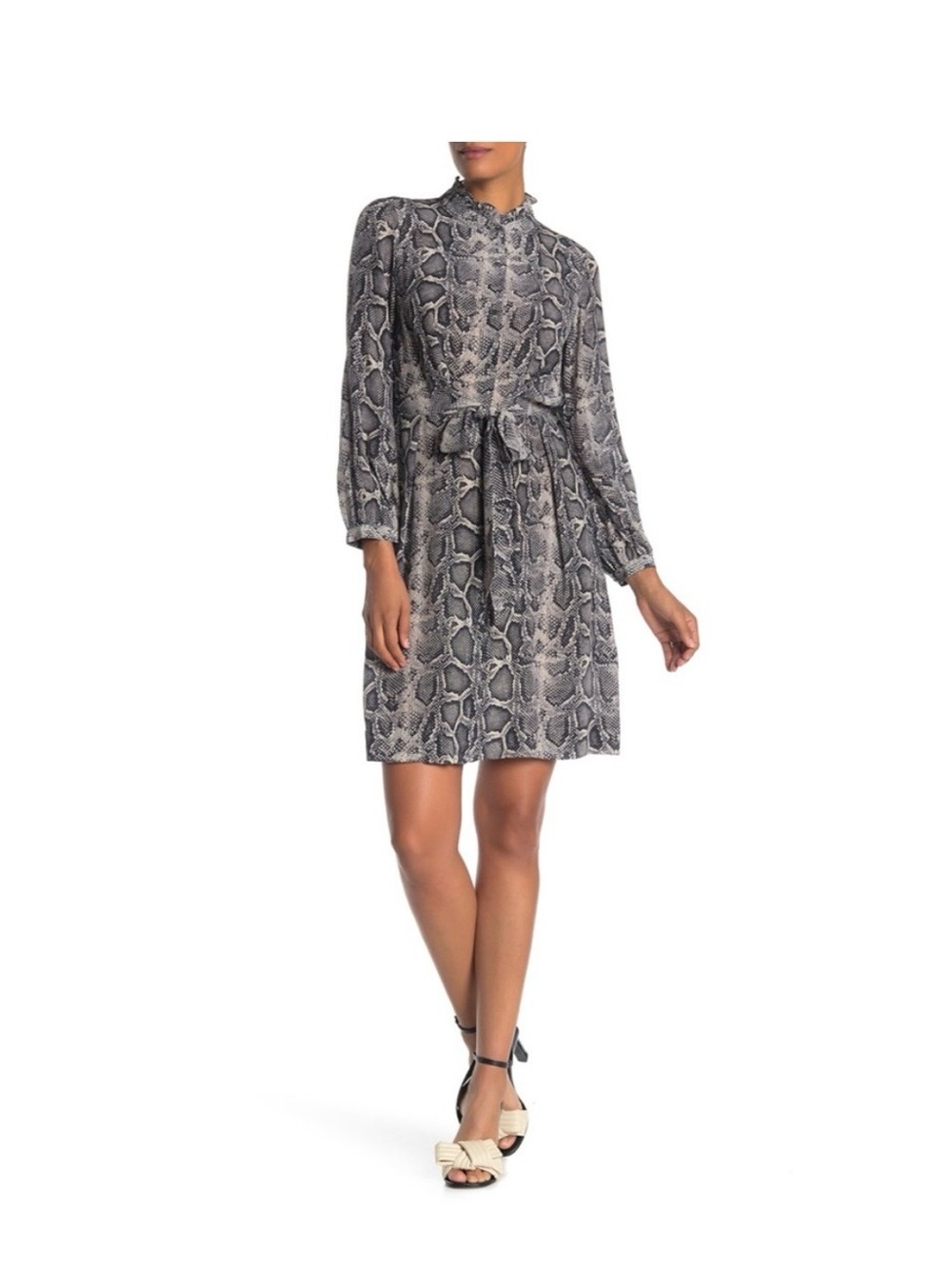 Rebecca Taylor Black & Gray Snake-Print Tie-Waist Long Sleeve Dress